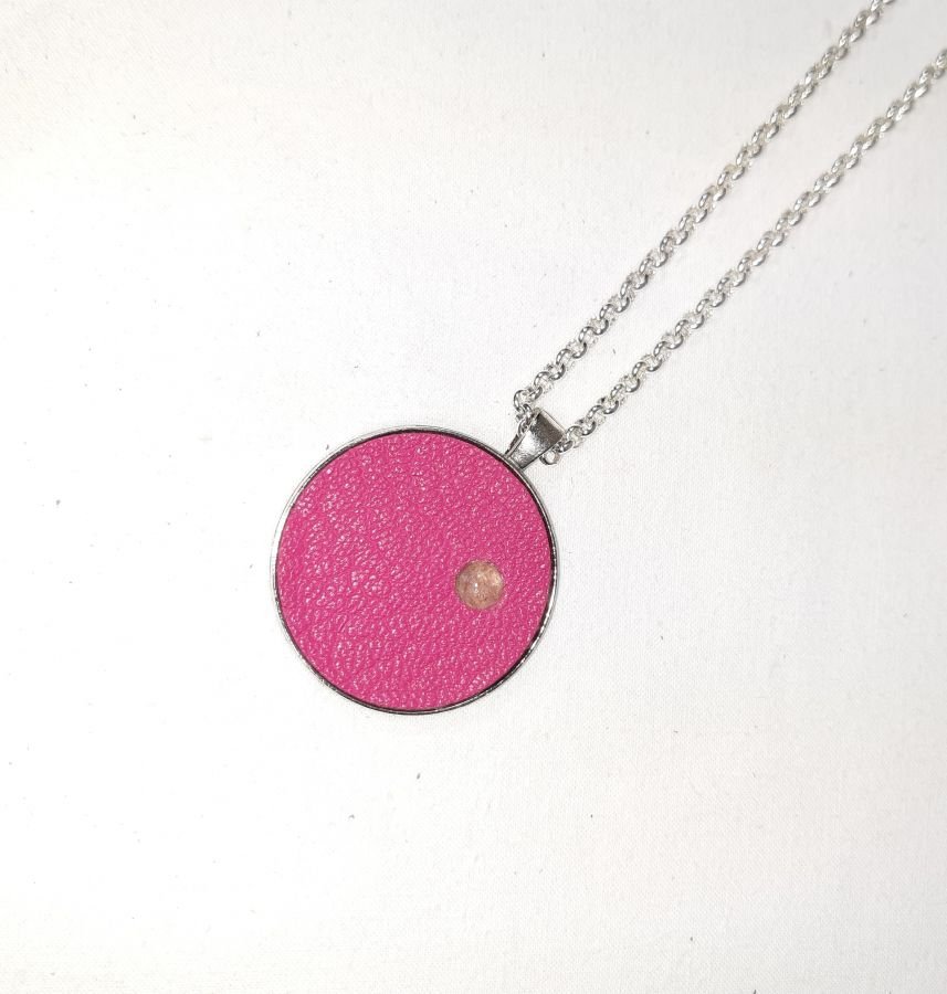 Brass and pink leather pendant, natural stone cabochon rose quartz.