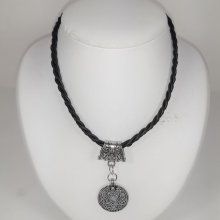 Braided leather necklace and antique silver metal pendant